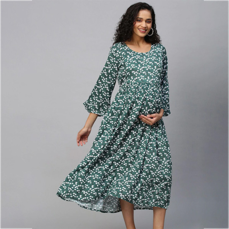 Green & White Floral Maternity Maxi Maxi Dress